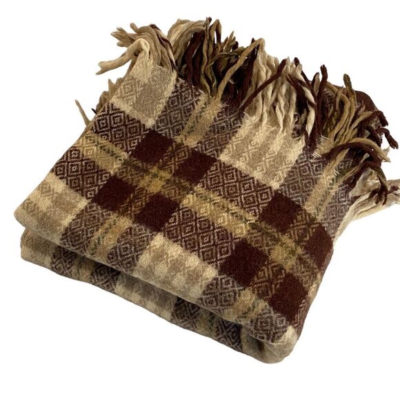 "Vintage Plaid Wool Throw Blanket with Fringe - Brown & Tan Diamond Pattern - Picture 1 of 4